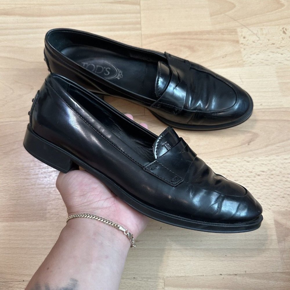 TODS Italy Women's Gommino Penny Loafer Sz 7/37 Slip On Driver Shoe Black Patent
